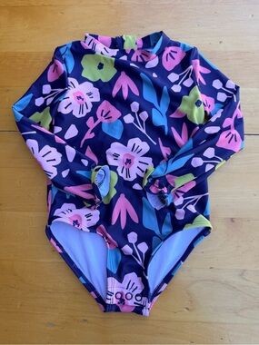 Girls' Long-Sleeve Floral Rashguard Swimsuit - Navy Pink Green Blue